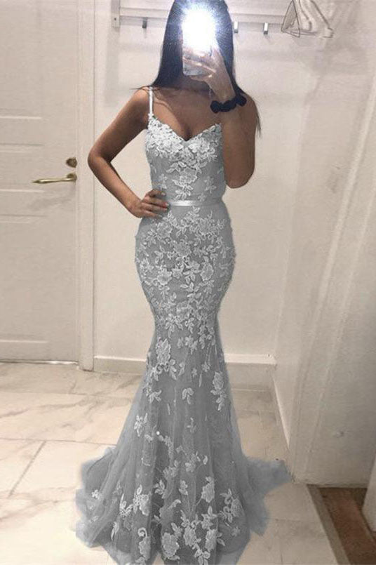 Mermaid Grey Tulle Long Prom Dress Lace ...